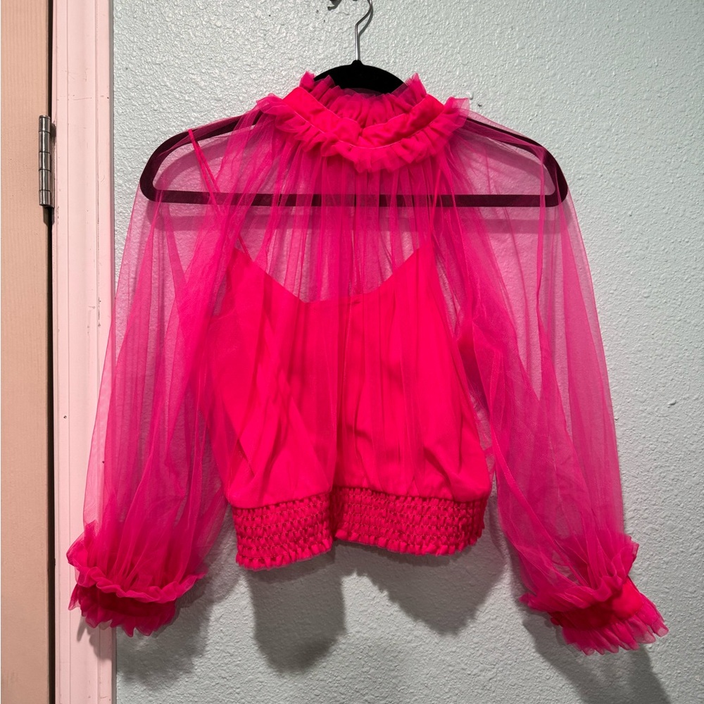 Alice + Olivia Hot Pink Sheer Tulle Ruffle Cropped Blouse